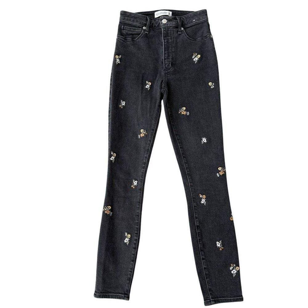Abercrombie Fitch High Rise Super Skinny Ankle Black Embroidered Jeans sz 00/24